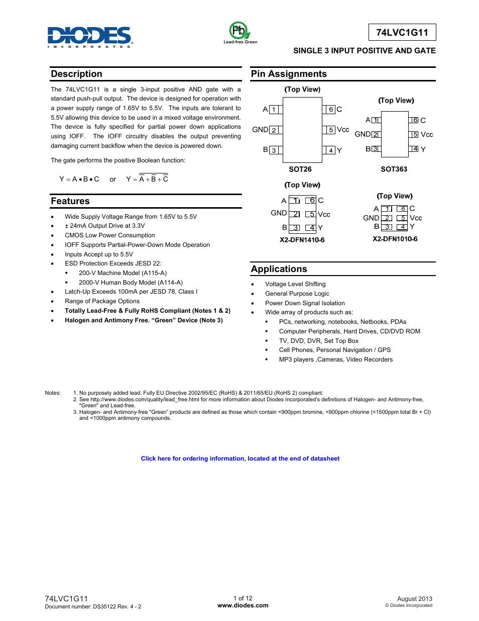 Diodes 74LVC1G11 User Manual | 12 pages