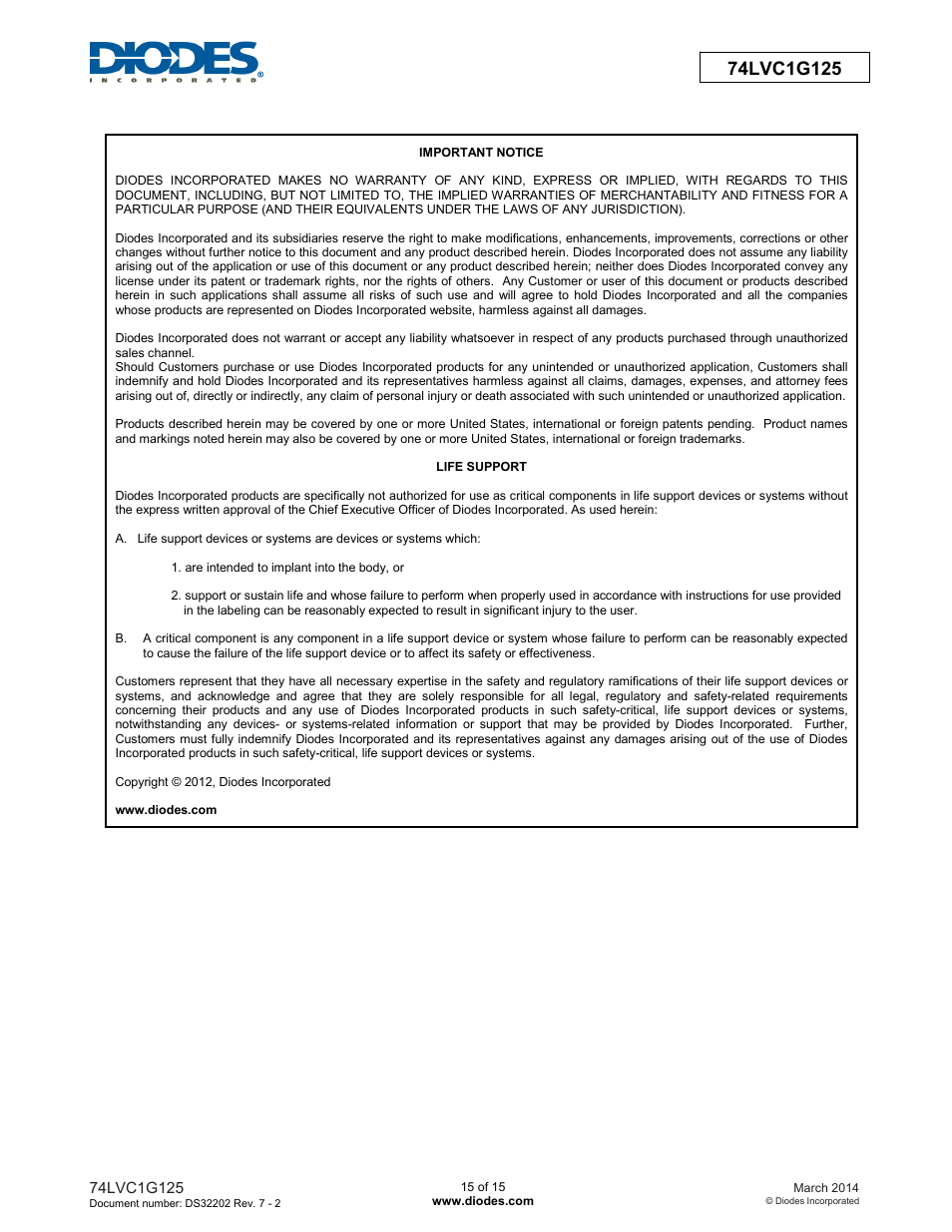 Diodes 74LVC1G125 User Manual | Page 15 / 15