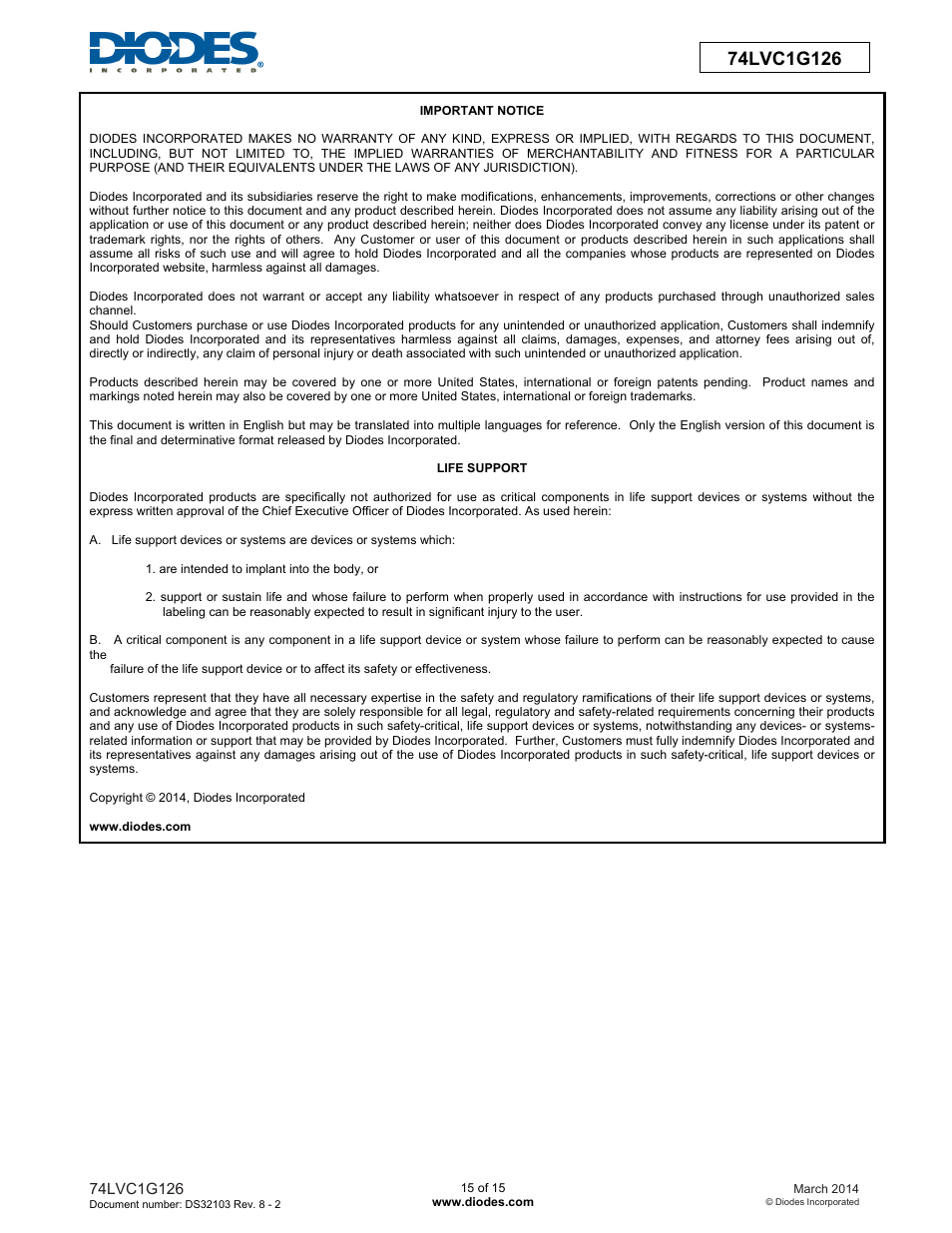 Diodes 74LVC1G126 User Manual | Page 15 / 15