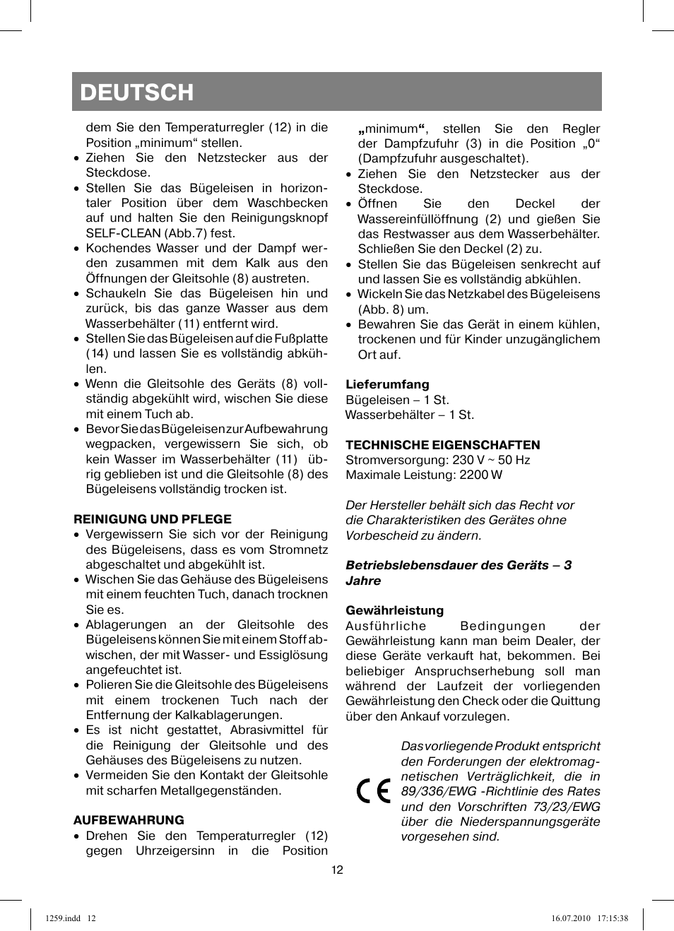 Deutsch | Vitek VT-1259 User Manual | Page 12 / 48