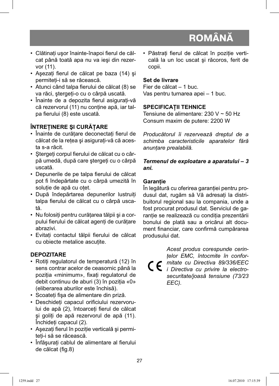 Română | Vitek VT-1259 User Manual | Page 27 / 48