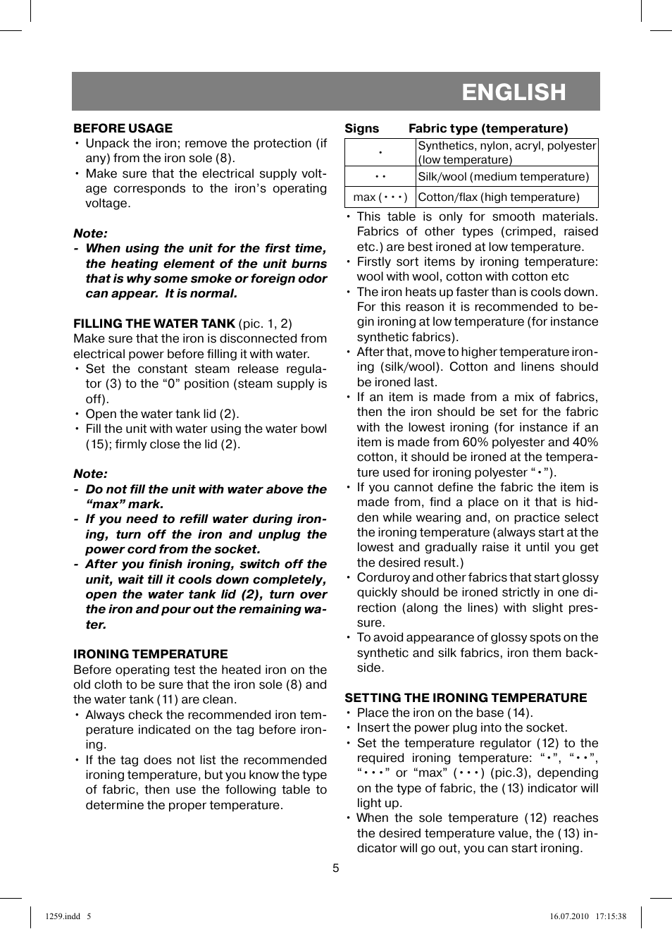 English | Vitek VT-1259 User Manual | Page 5 / 48
