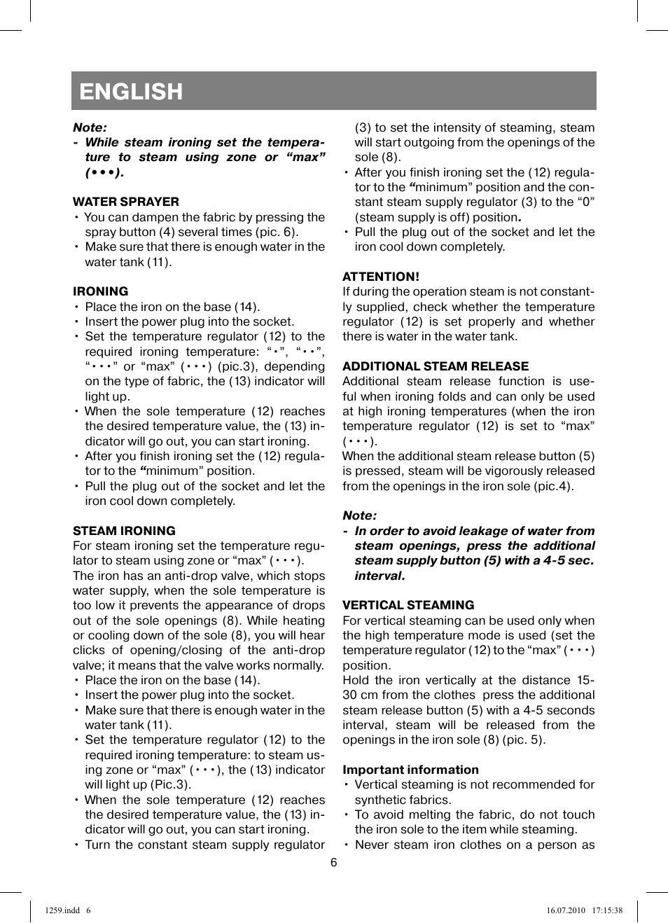 English | Vitek VT-1259 User Manual | Page 6 / 48