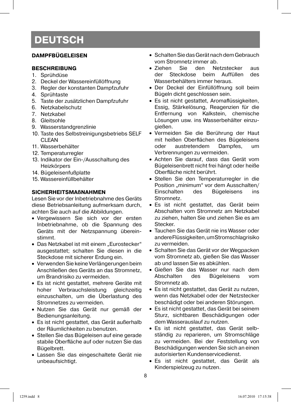 Deutsch | Vitek VT-1259 User Manual | Page 8 / 48