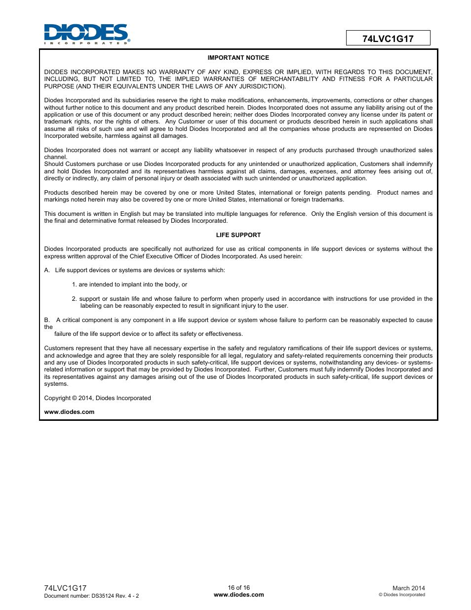 Diodes 74LVC1G17 User Manual | Page 16 / 16