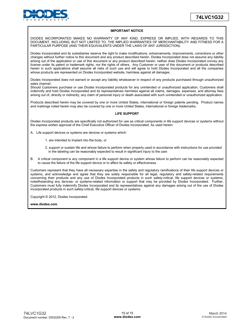 Diodes 74LVC1G32 User Manual | Page 15 / 15