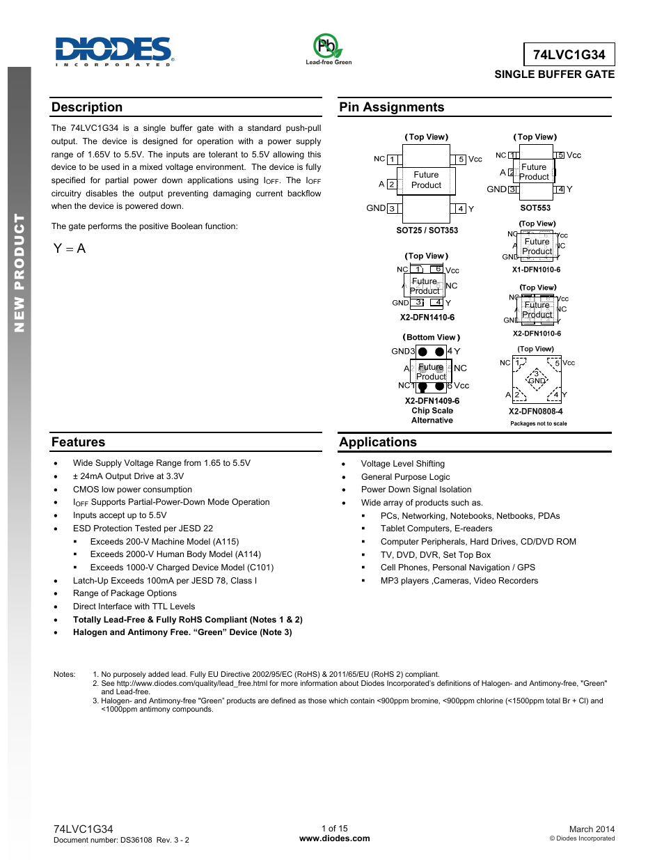 Diodes 74LVC1G34 User Manual | 15 pages