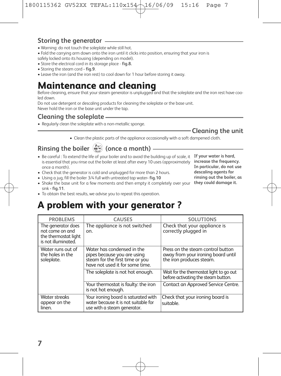 Maintenance and cleaning, A problem with your generator, Storing the generator | Cleaning the soleplate, Cleaning the unit, Rinsing the boiler (once a month) | Tefal EasyCord Pressing GV5240 User Manual | Page 10 / 134