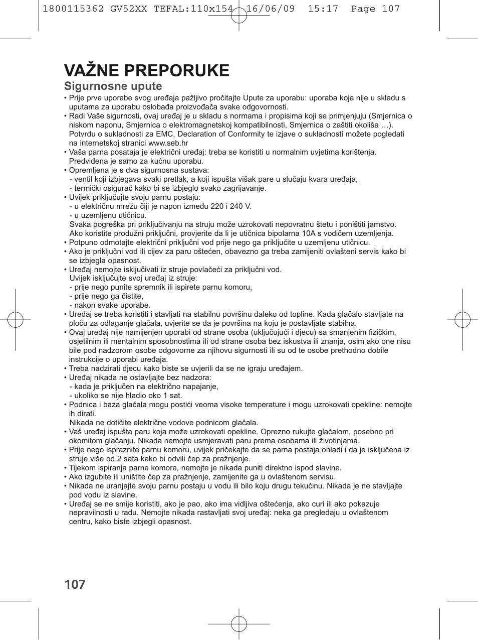 Važne preporuke, Sigurnosne upute | Tefal EasyCord Pressing GV5240 User Manual | Page 110 / 134