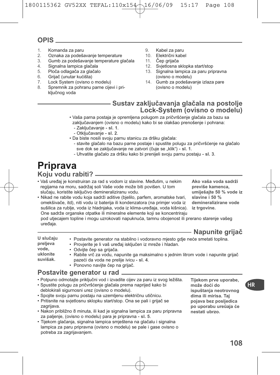 Priprava, Koju vodu rabiti, Napunite grijač | Postavite generator u rad, Opis | Tefal EasyCord Pressing GV5240 User Manual | Page 111 / 134