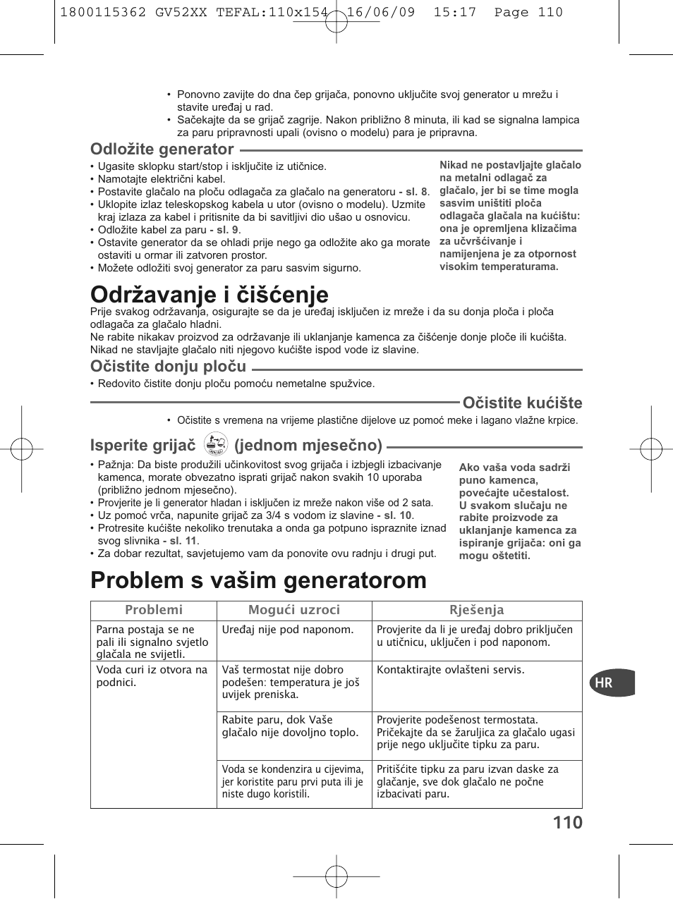 Održavanje i čišćenje, Problem s vašim generatorom, Odložite generator | Očistite donju ploču, Očistite kućište, Isperite grijač (jednom mjesečno) | Tefal EasyCord Pressing GV5240 User Manual | Page 113 / 134