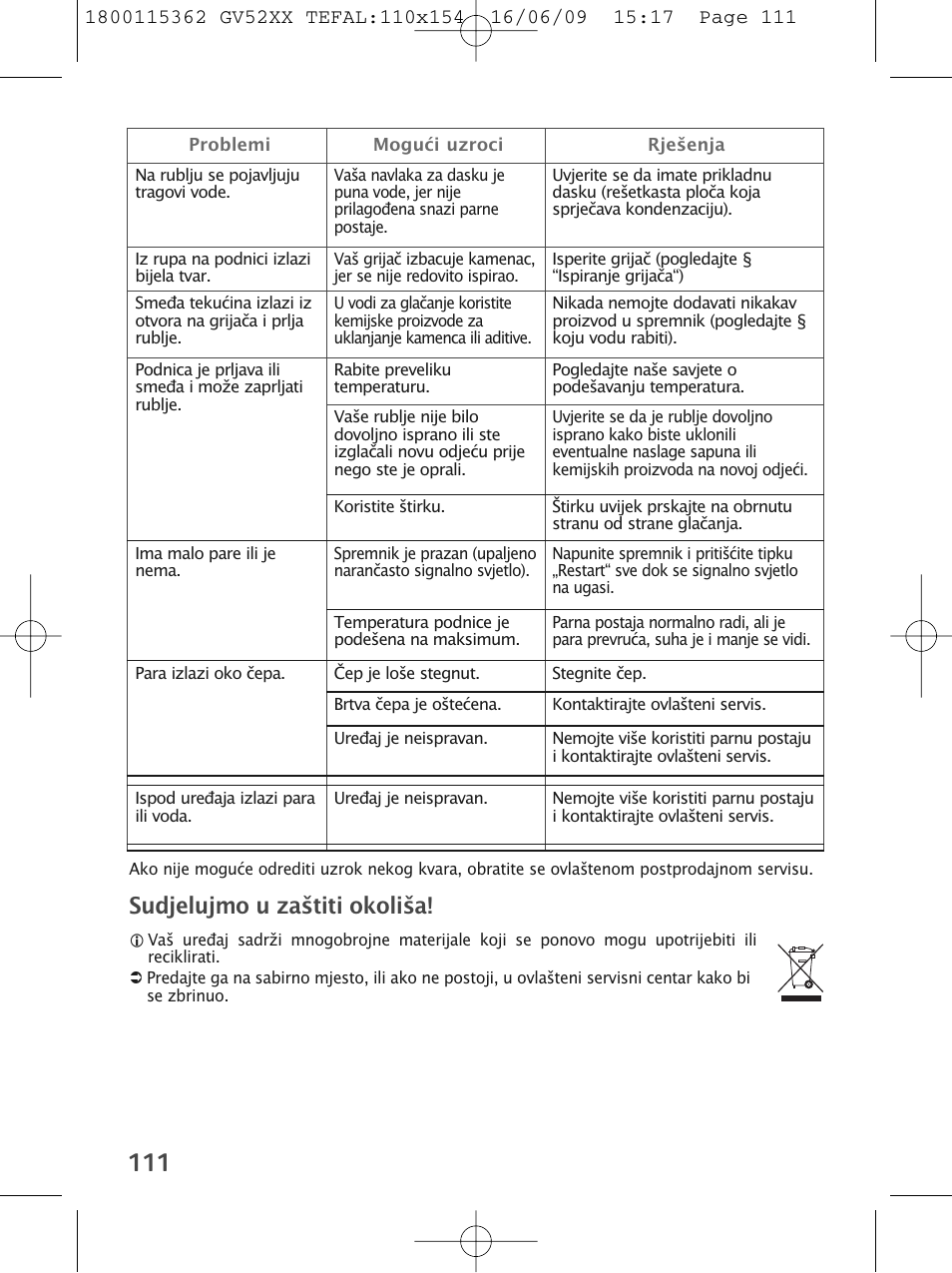 Sudjelujmo u zaštiti okoliša | Tefal EasyCord Pressing GV5240 User Manual | Page 114 / 134