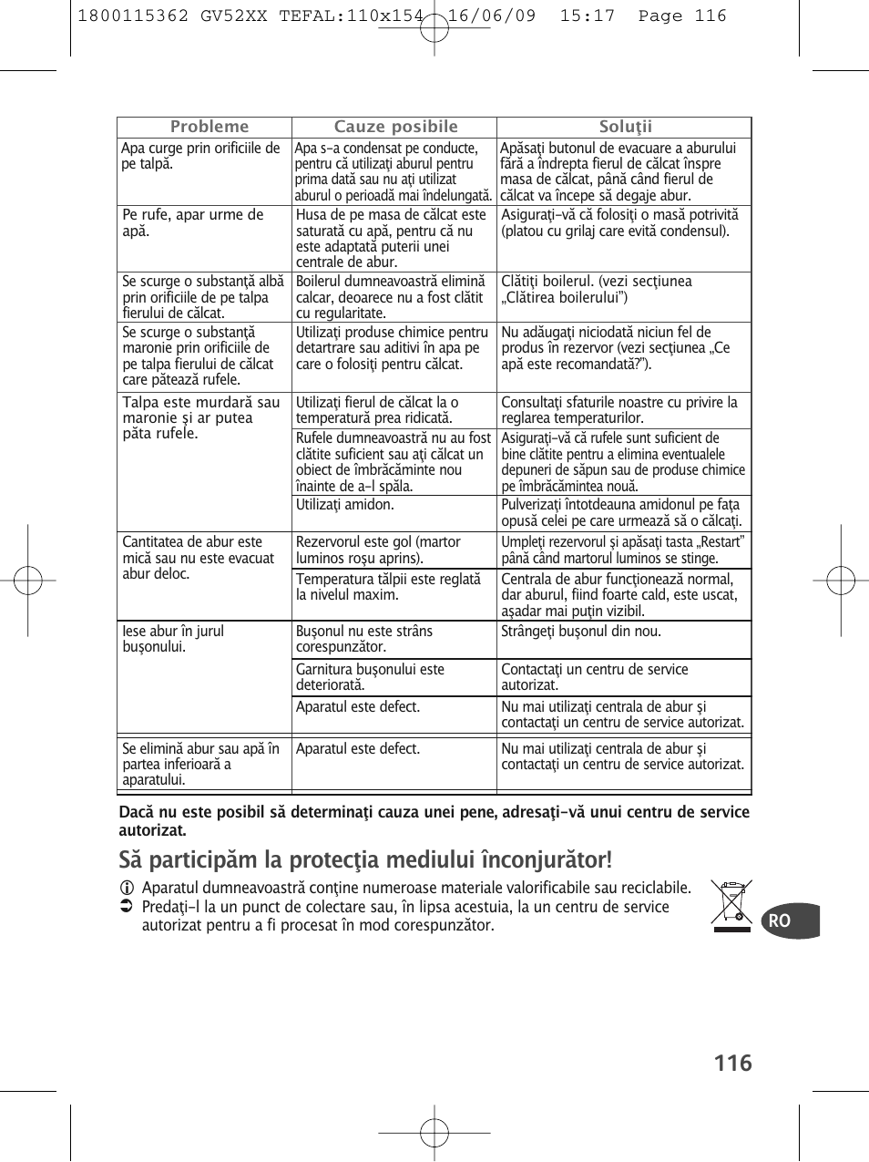 Să participăm la protecţia mediului înconjurător | Tefal EasyCord Pressing GV5240 User Manual | Page 119 / 134