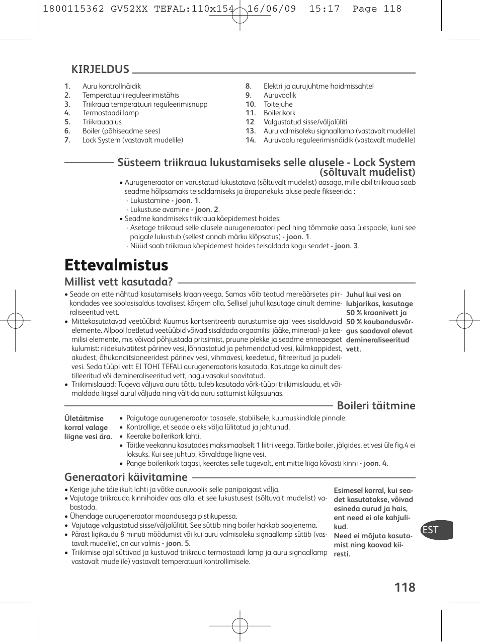 Ettevalmistus, Kirjeldus, Millist vett kasutada | Boileri täitmine, Generaatori käivitamine | Tefal EasyCord Pressing GV5240 User Manual | Page 121 / 134