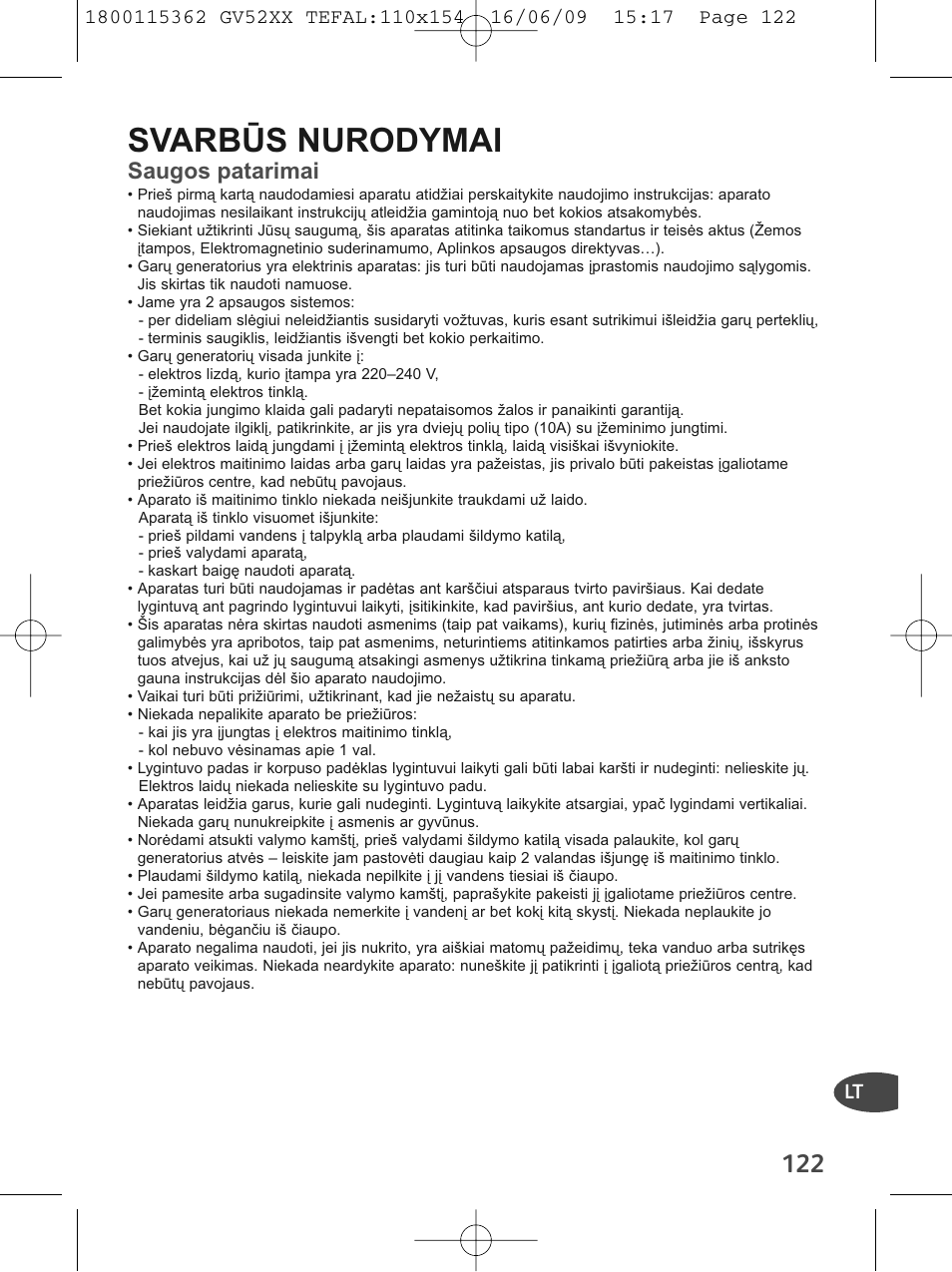 Svarbūs nurodymai, Saugos patarimai | Tefal EasyCord Pressing GV5240 User Manual | Page 125 / 134