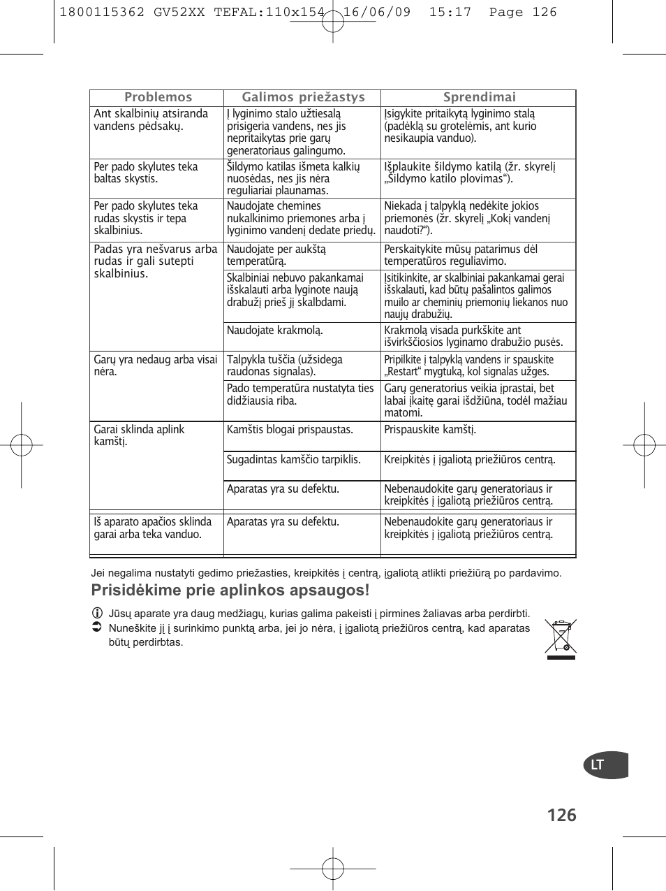 Prisidėkime prie aplinkos apsaugos | Tefal EasyCord Pressing GV5240 User Manual | Page 129 / 134