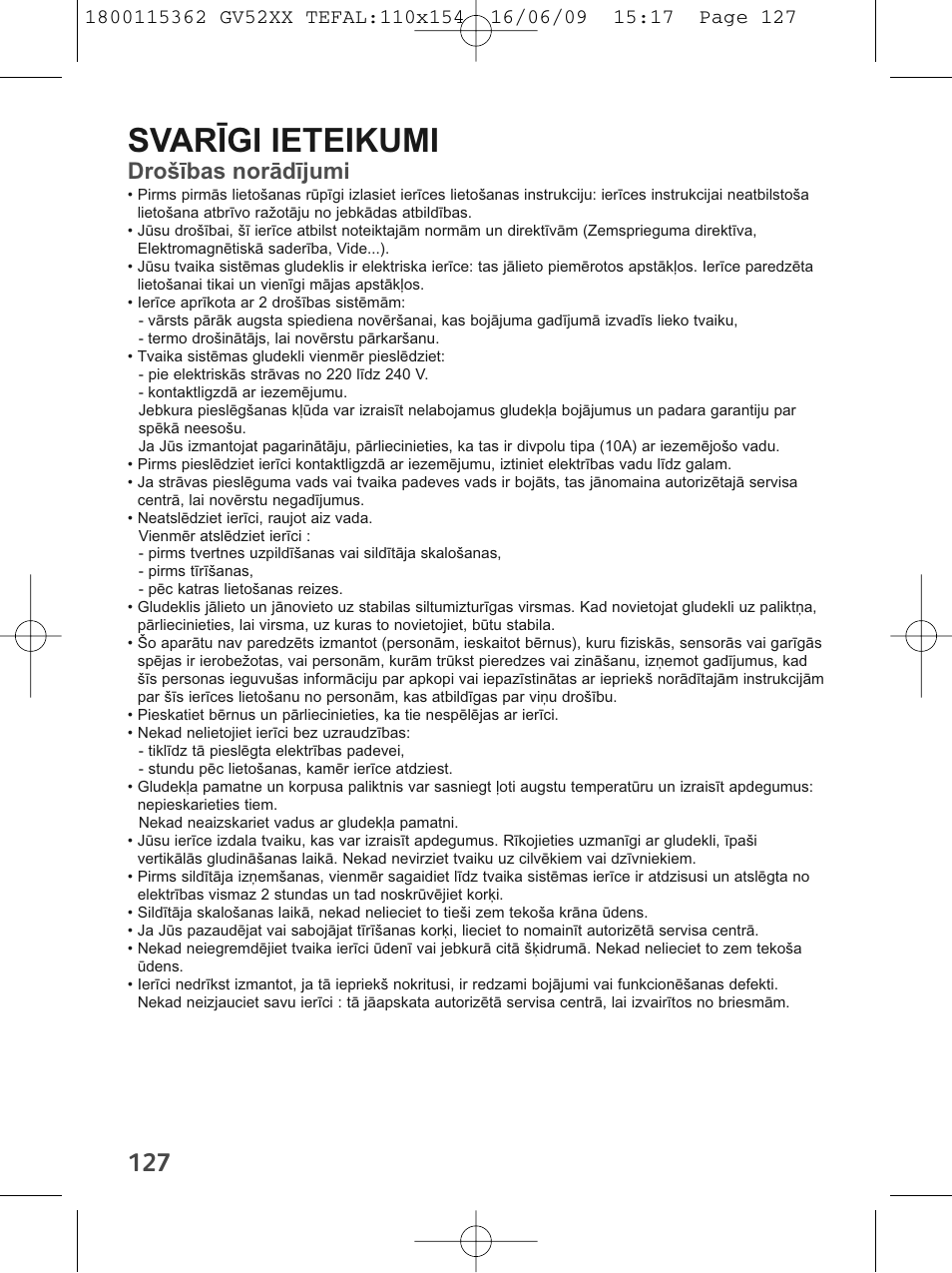 Svarīgi ieteikumi, Drošības norādījumi | Tefal EasyCord Pressing GV5240 User Manual | Page 130 / 134
