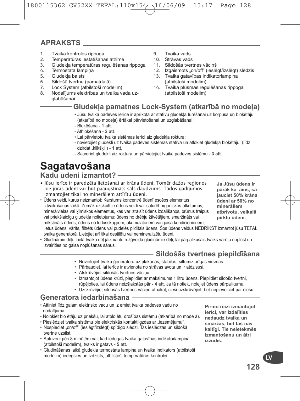 Sagatavošana, Apraksts, Gludekļa pamatnes lock-system (atkarībā no modeļa) | Kādu ūdeni izmantot, Sildošās tvertnes piepildīšana, Ģeneratora iedarbināšana | Tefal EasyCord Pressing GV5240 User Manual | Page 131 / 134