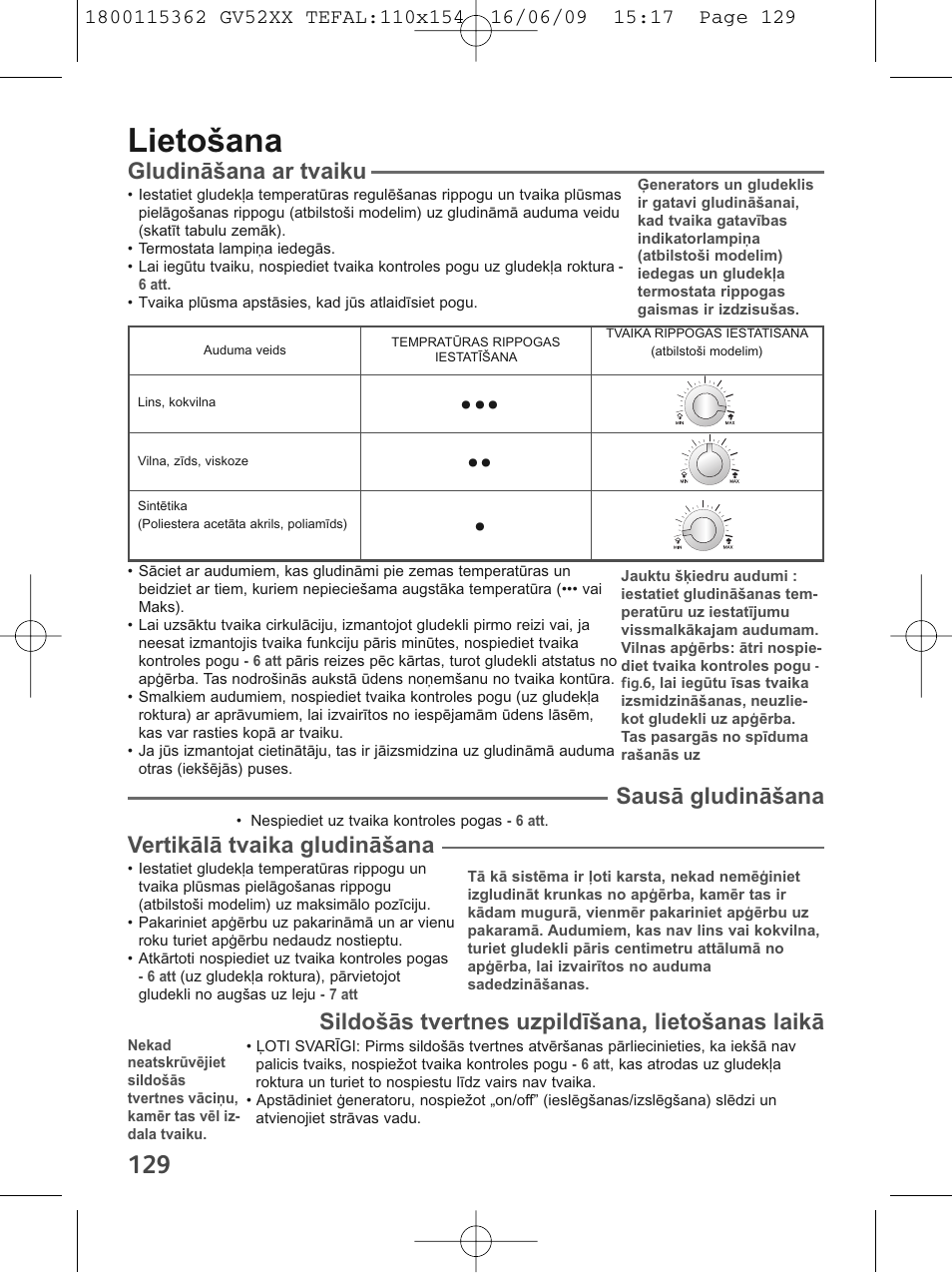 Lietošana, Gludināšana ar tvaiku, Sausā gludināšana | Vertikālā tvaika gludināšana, Sildošās tvertnes uzpildīšana, lietošanas laikā | Tefal EasyCord Pressing GV5240 User Manual | Page 132 / 134