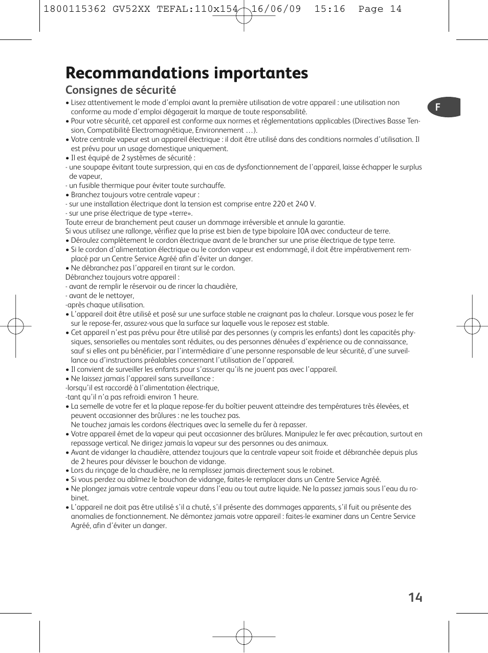 Recommandations importantes, Consignes de sécurité | Tefal EasyCord Pressing GV5240 User Manual | Page 17 / 134