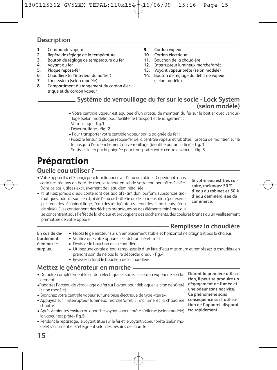 Préparation, Quelle eau utiliser, Remplissez la chaudière | Mettez le générateur en marche, Description | Tefal EasyCord Pressing GV5240 User Manual | Page 18 / 134