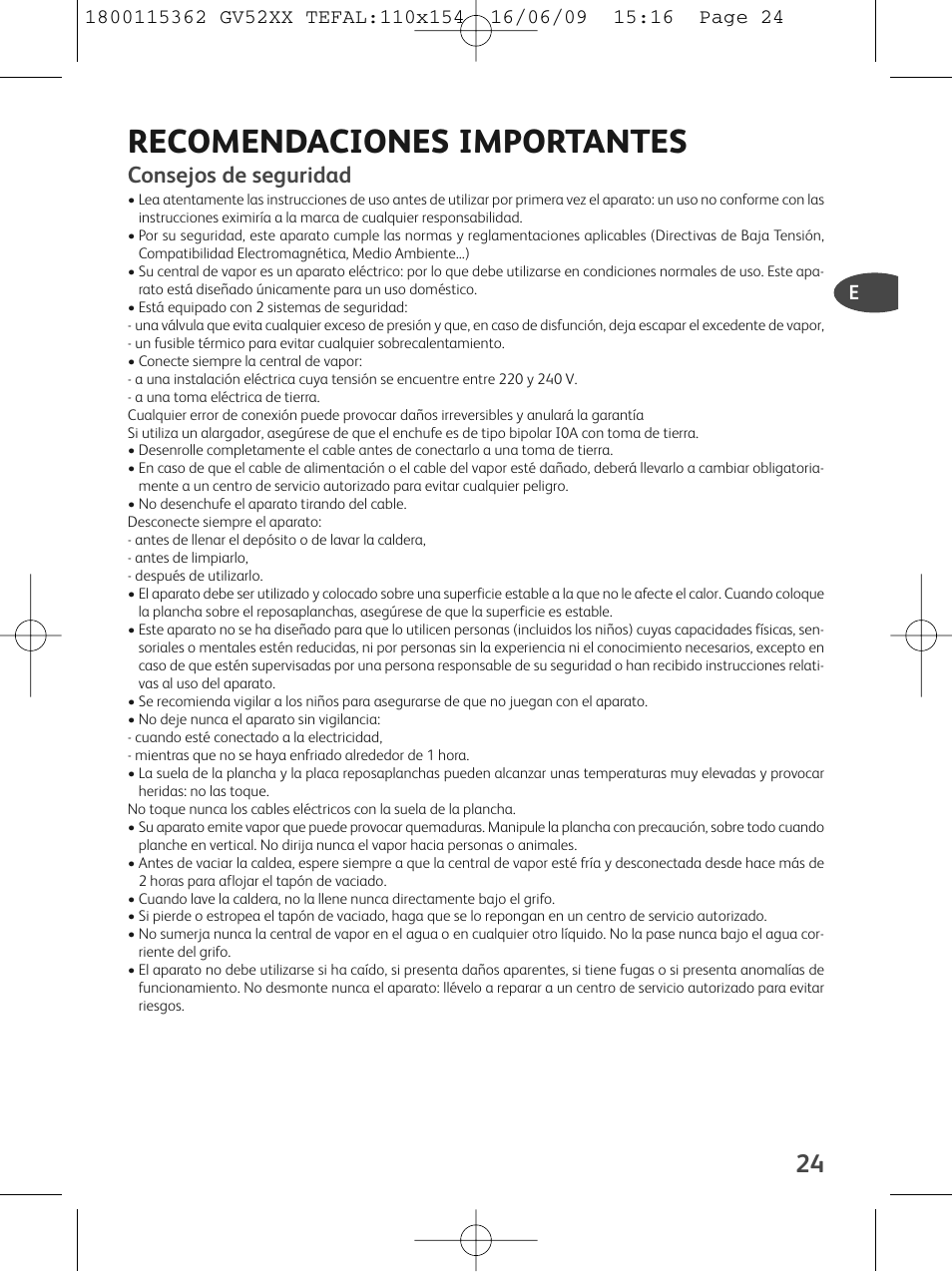 Recomendaciones importantes, Consejos de seguridad | Tefal EasyCord Pressing GV5240 User Manual | Page 27 / 134