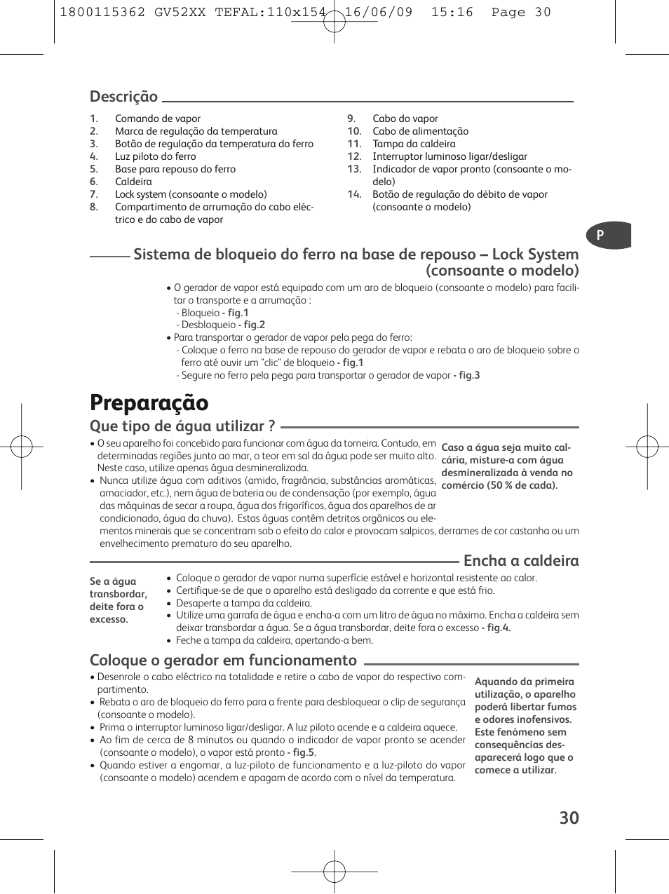 Preparação, Descrição, Que tipo de água utilizar | Encha a caldeira, Coloque o gerador em funcionamento | Tefal EasyCord Pressing GV5240 User Manual | Page 33 / 134