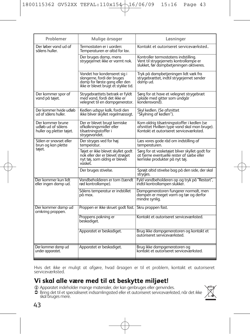 Vi skal alle være med til at beskytte miljøet | Tefal EasyCord Pressing GV5240 User Manual | Page 46 / 134