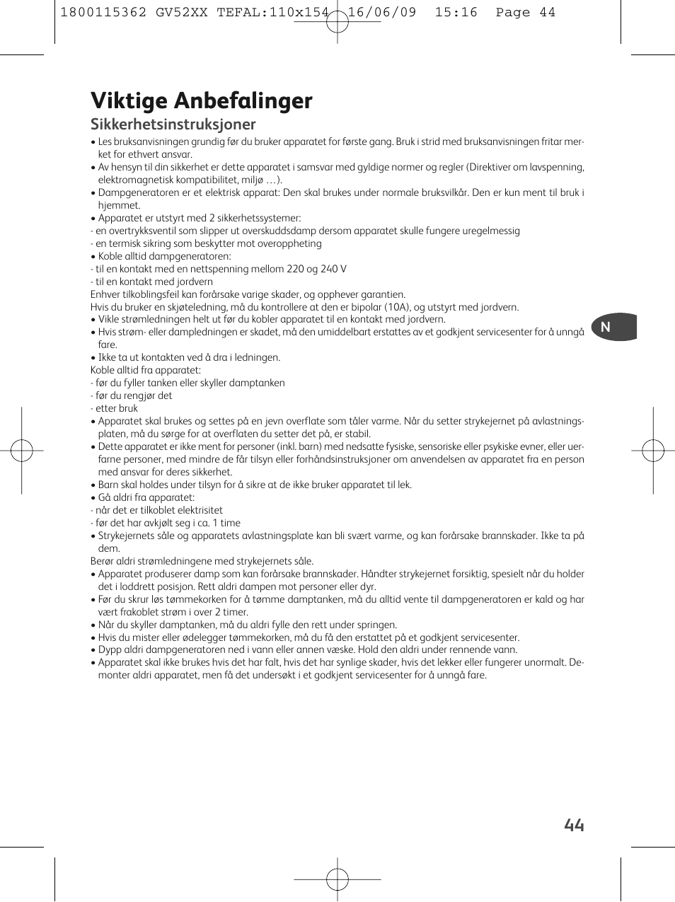 Viktige anbefalinger, Sikkerhetsinstruksjoner | Tefal EasyCord Pressing GV5240 User Manual | Page 47 / 134