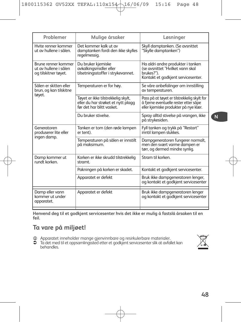 Ta vare på miljøet | Tefal EasyCord Pressing GV5240 User Manual | Page 51 / 134