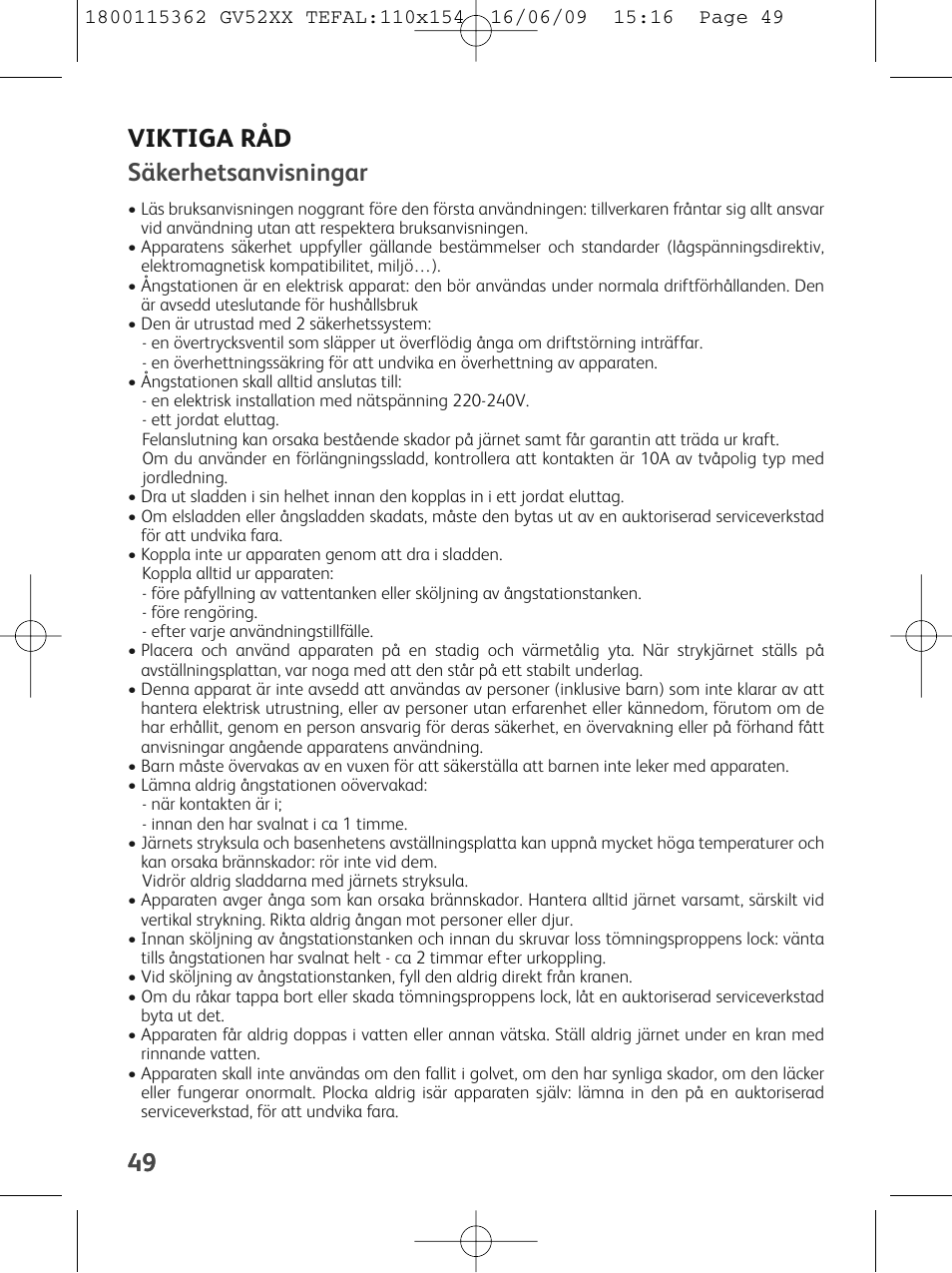 49 viktiga råd säkerhetsanvisningar | Tefal EasyCord Pressing GV5240 User Manual | Page 52 / 134