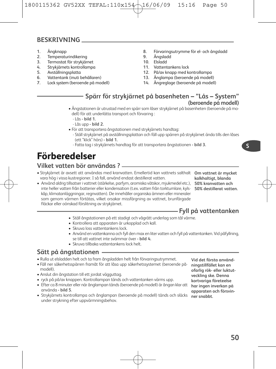 Förberedelser, Beskrivning, Vilket vatten bör användas | Fyll på vattentanken, Sätt på ångstationen | Tefal EasyCord Pressing GV5240 User Manual | Page 53 / 134