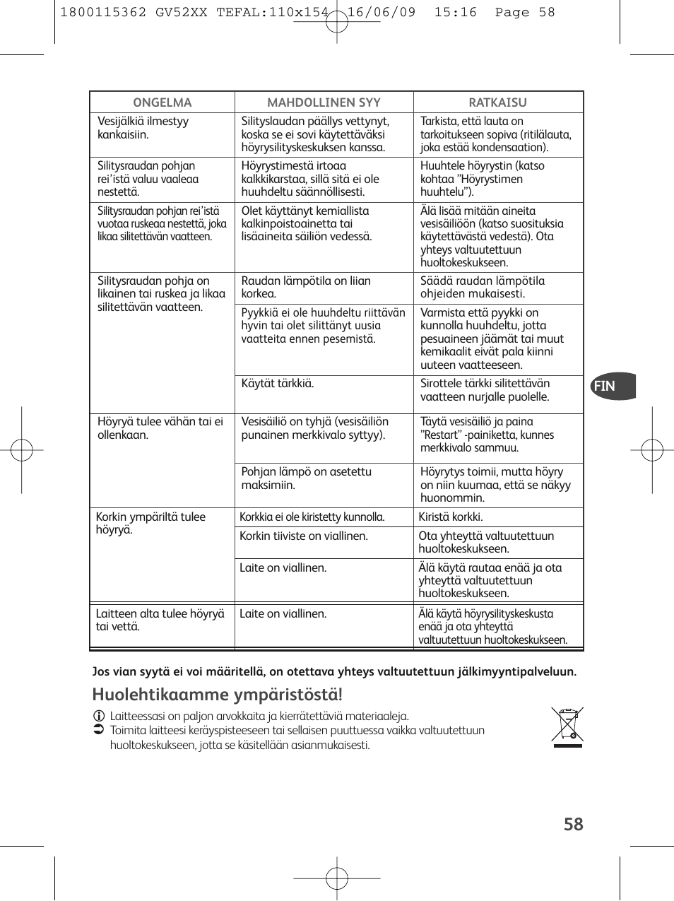 Huolehtikaamme ympäristöstä | Tefal EasyCord Pressing GV5240 User Manual | Page 61 / 134