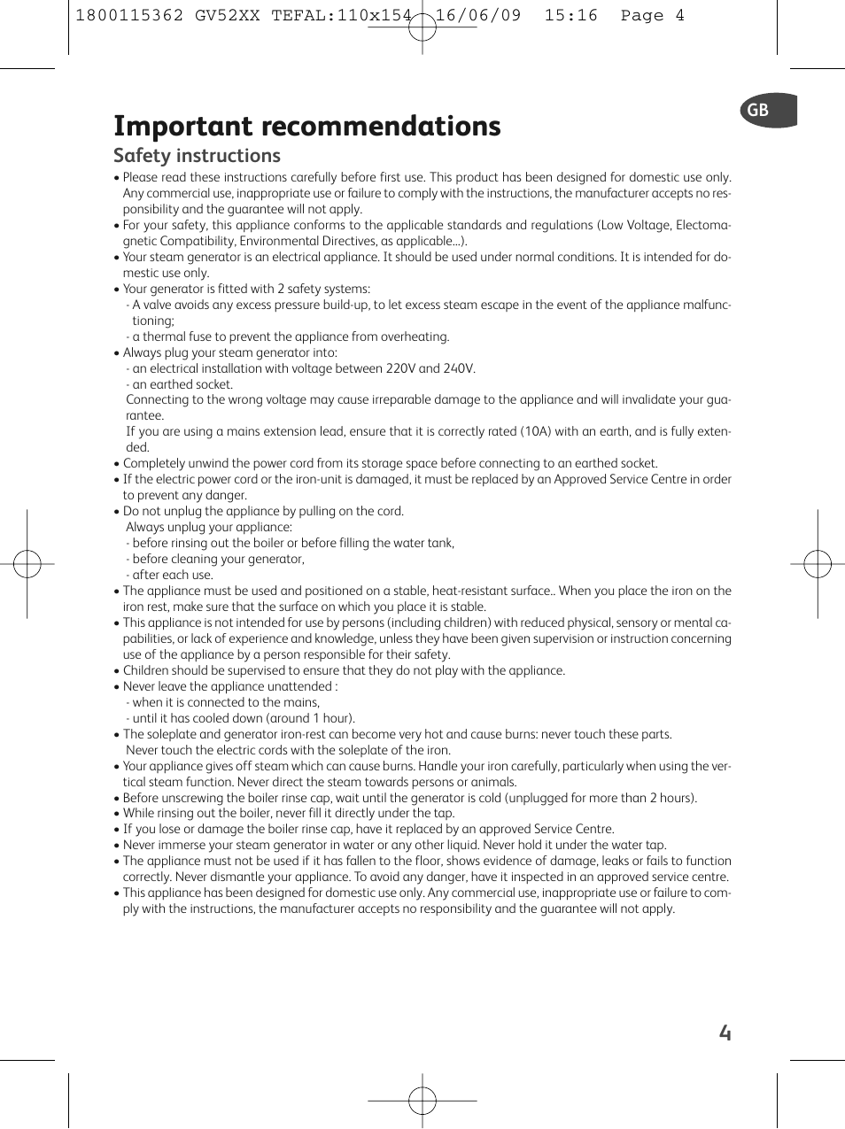 Important recommendations, Safety instructions | Tefal EasyCord Pressing GV5240 User Manual | Page 7 / 134