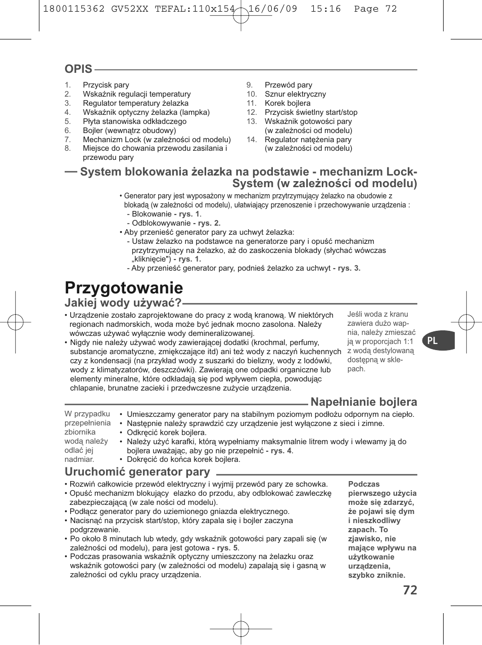 Przygotowanie, Opis, Jakiej wody używać | Napełnianie bojlera, Uruchomić generator pary | Tefal EasyCord Pressing GV5240 User Manual | Page 75 / 134