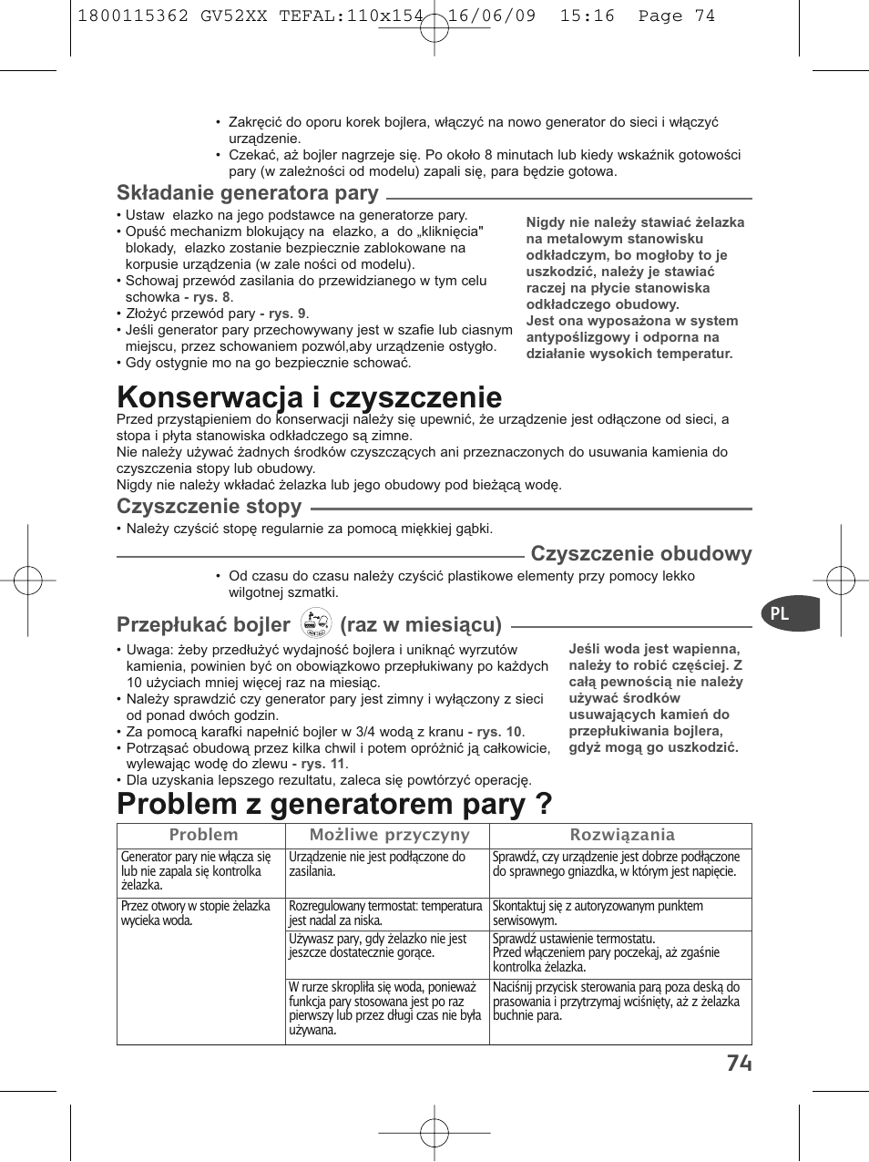 Konserwacja i czyszczenie, Problem z generatorem pary, Składanie generatora pary | Czyszczenie stopy, Czyszczenie obudowy, Przepłukać bojler (raz w miesiącu) | Tefal EasyCord Pressing GV5240 User Manual | Page 77 / 134