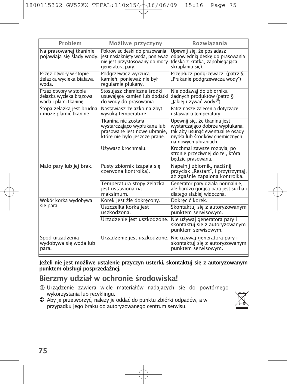 Bierzmy udział w ochronie środowiska | Tefal EasyCord Pressing GV5240 User Manual | Page 78 / 134