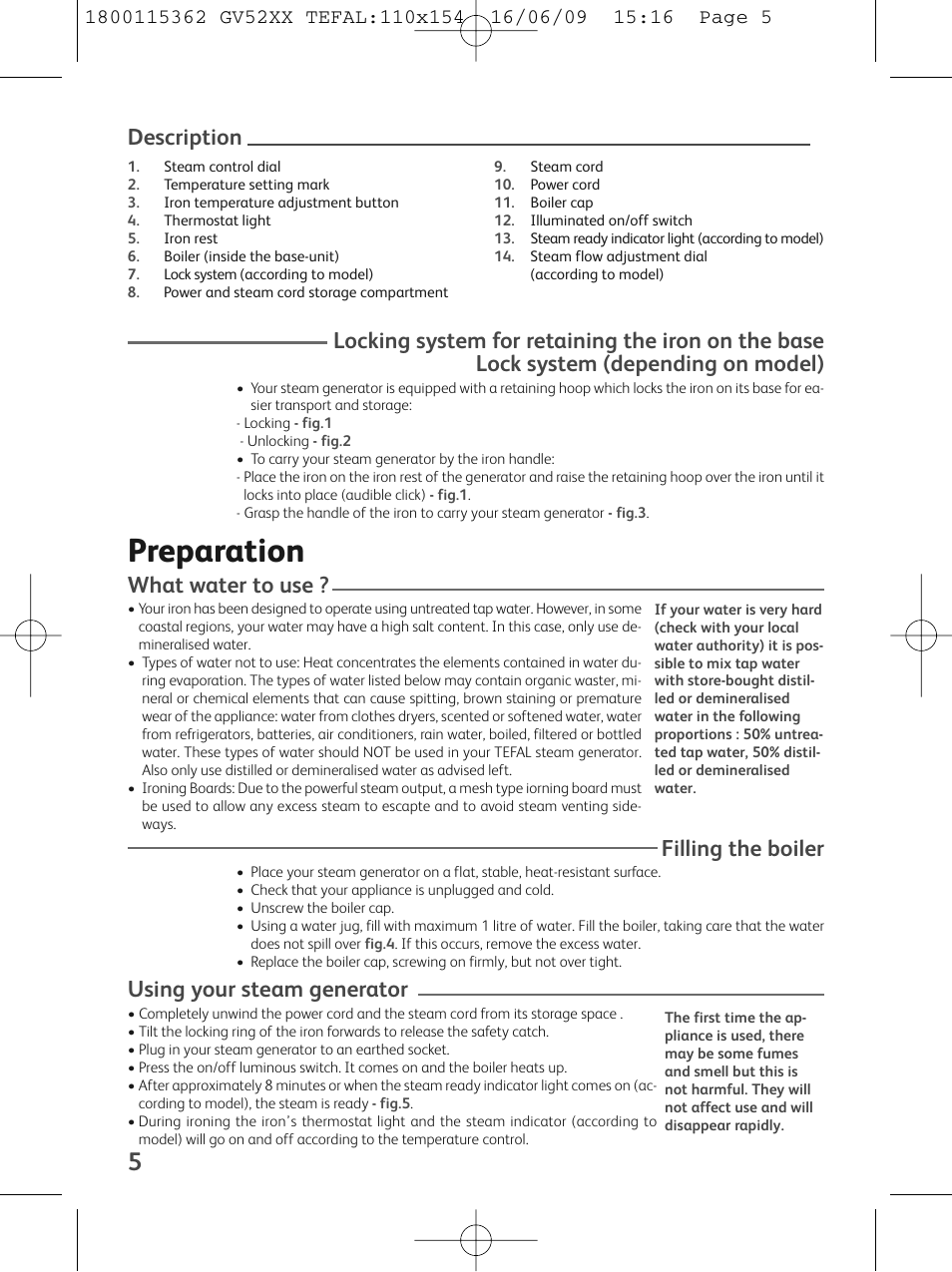 Preparation, What water to use, Filling the boiler | Using your steam generator | Tefal EasyCord Pressing GV5240 User Manual | Page 8 / 134