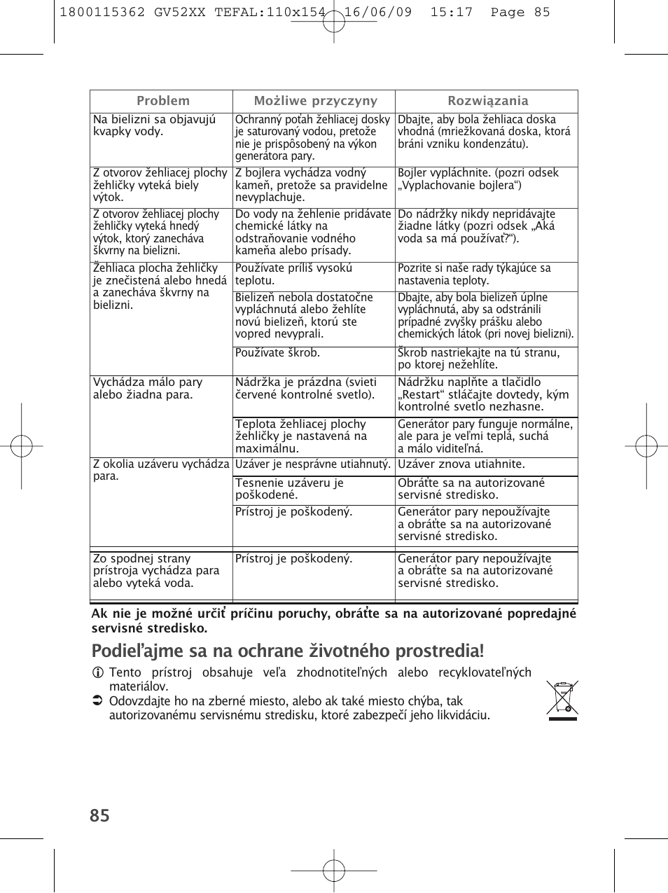 Podie ajme sa na ochrane životného prostredia | Tefal EasyCord Pressing GV5240 User Manual | Page 88 / 134