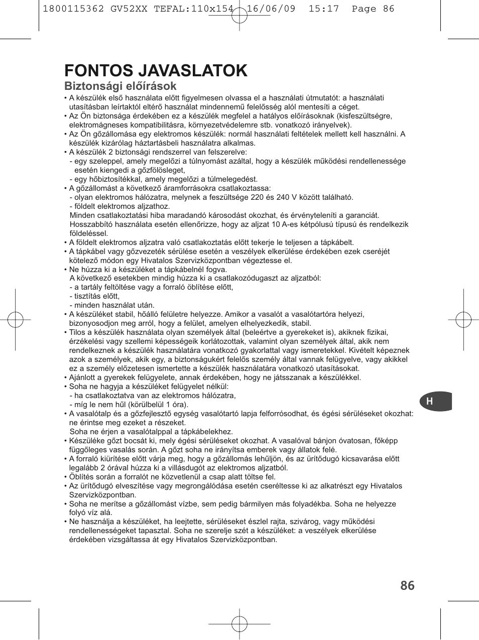 Fontos javaslatok, Biztonsági előírások | Tefal EasyCord Pressing GV5240 User Manual | Page 89 / 134