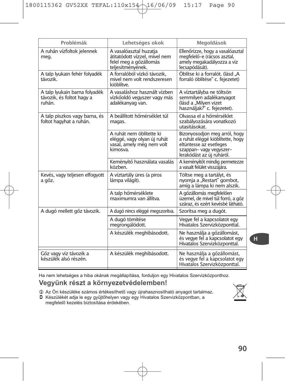 Vegyünk részt a környezetvédelemben | Tefal EasyCord Pressing GV5240 User Manual | Page 93 / 134