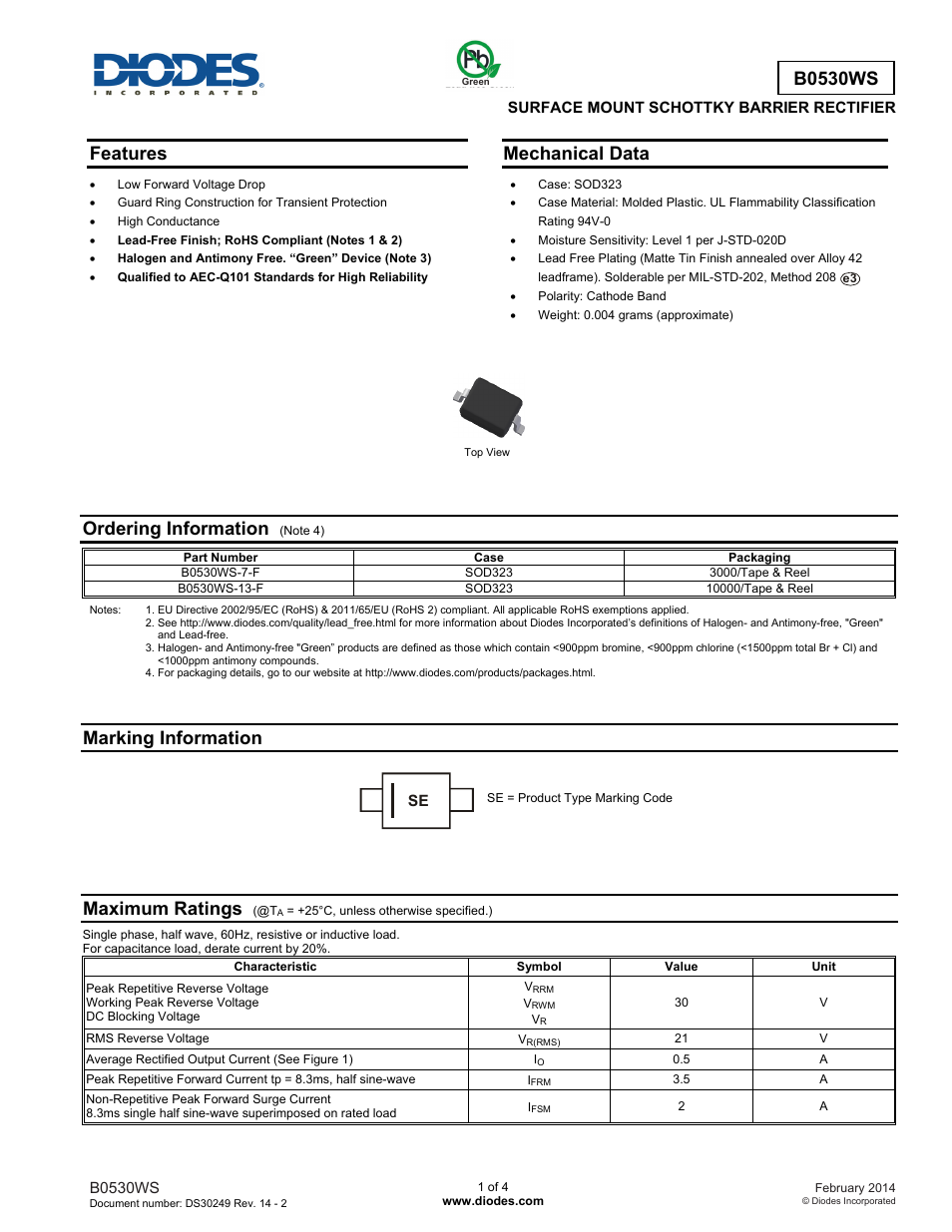 Diodes B0530WS User Manual | 4 pages