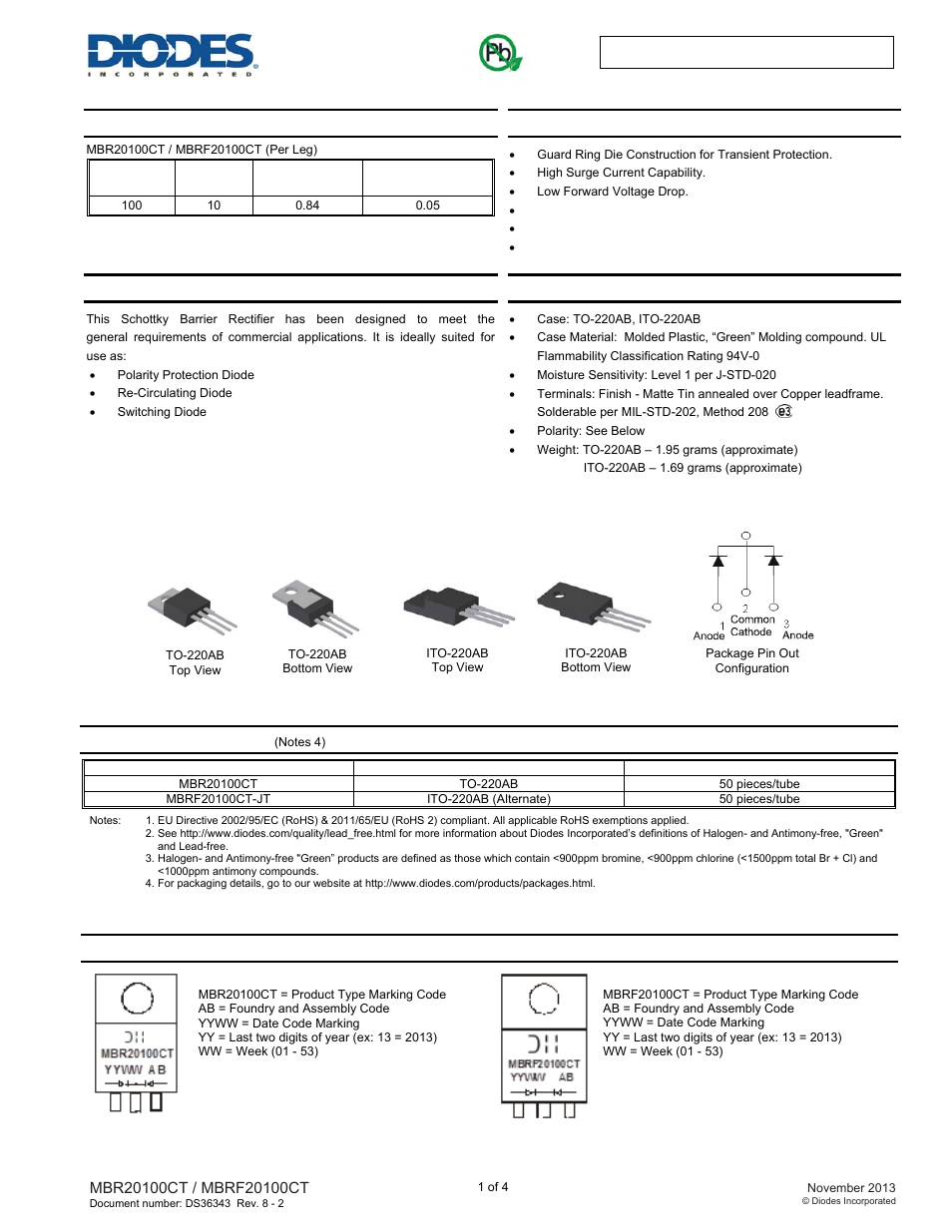 Diodes MBRF20100CT User Manual | 4 pages
