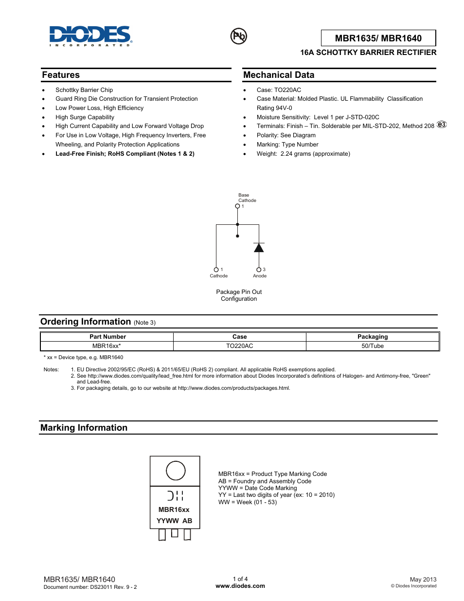 Diodes MBR1640 User Manual | 4 pages