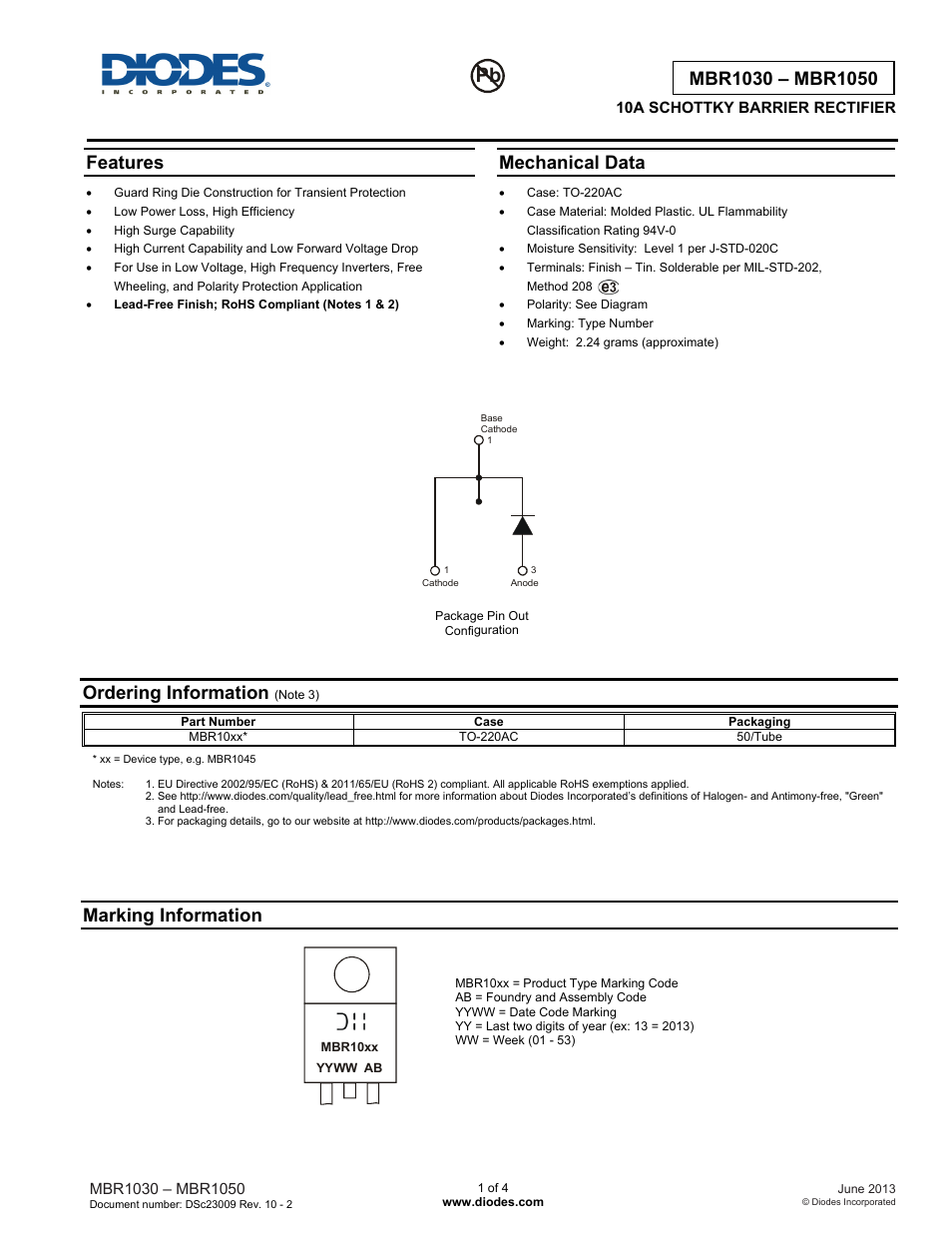 Diodes MBR1030 – MBR1050 User Manual | 4 pages