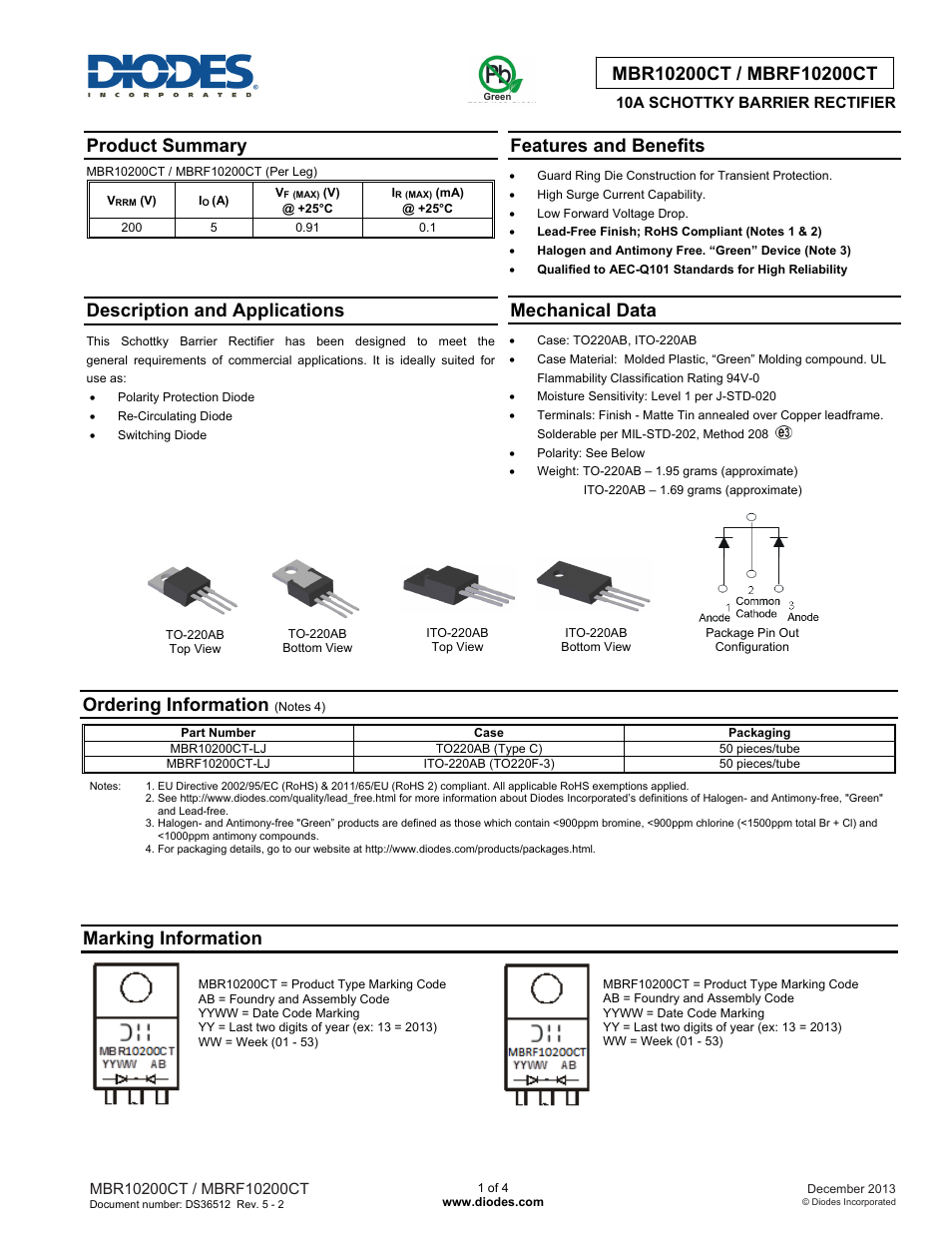 Diodes MBRF10200CT User Manual | 4 pages