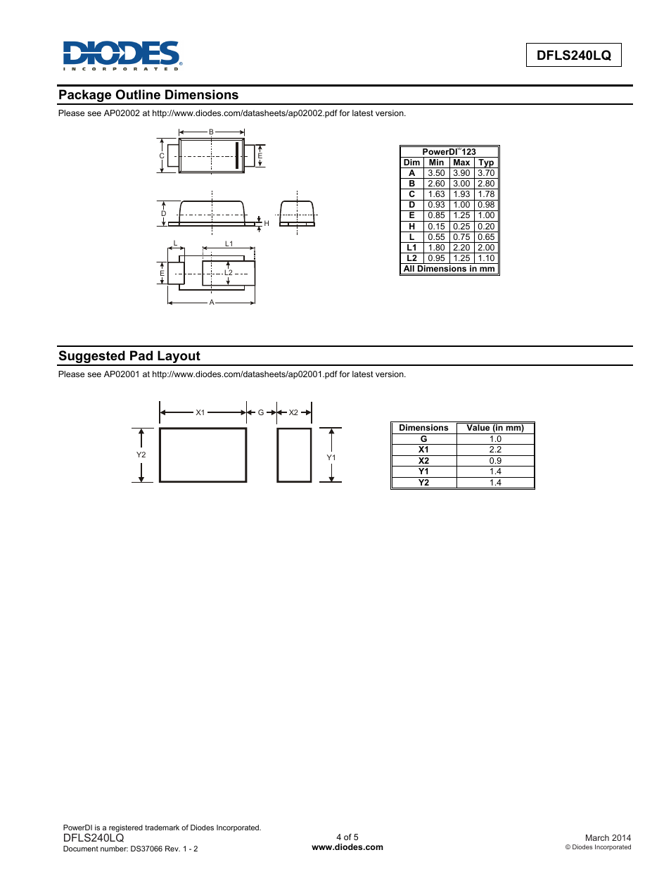 Dfls240lq, Package outline dimensions, Suggested pad layout | Diodes DFLS240LQ User Manual | Page 4 / 5