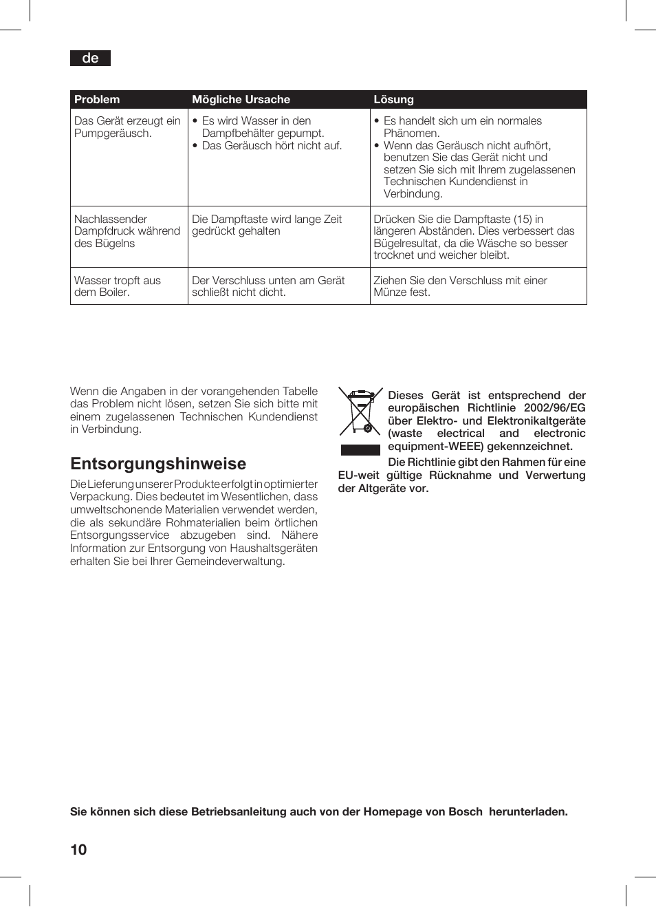 Entsorgungshinweise | Bosch TDS 2510 User Manual | Page 10 / 122