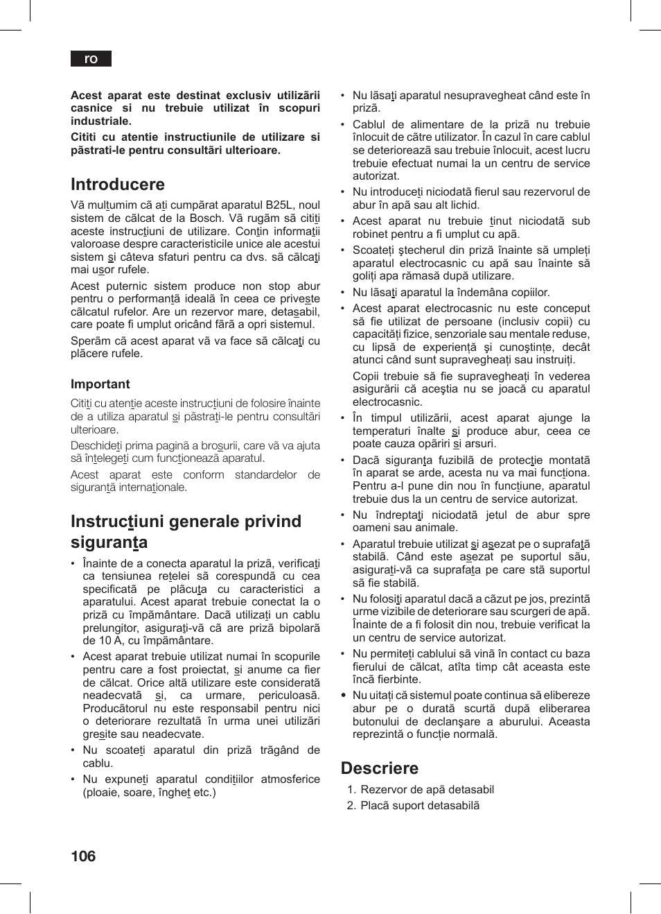 Introducere, Instructiuni generale privind siguranta, Descriere | Bosch TDS 2510 User Manual | Page 106 / 122