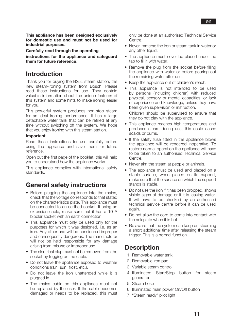 Introduction, General safety instructions, Description | Bosch TDS 2510 User Manual | Page 11 / 122